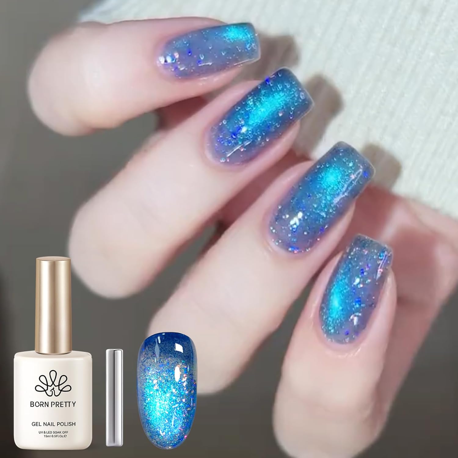 BORN PRETTY Blue Cat Magnetic Eye Gel Nail Polish Shimmer Glitter Holographic Aurora Blue Magnetic Gel Polish Nail Art Manicure DIY at Home 15ML-BrightBean Baby