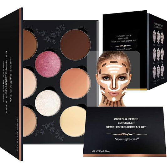 Youngfocus Cosmetics Cream Contour Best 8 Colors Contouring Foundation - Highlighting Makeup Kit/Concealer Palette - Vegan, Cruelty Free and Hypoallergenic - Instruction Manual（Face Blushes）-BrightBean Baby
