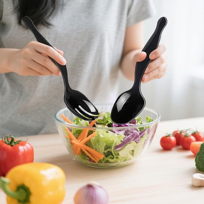 60 Pcs Disposable Black Plastic Serving Utensils,20 Set Including 9" Plastic Serving Spoons, Forks and Tongs for Dinner Parties, Buffets,Banquets, Events, Weddings, and Daily Use