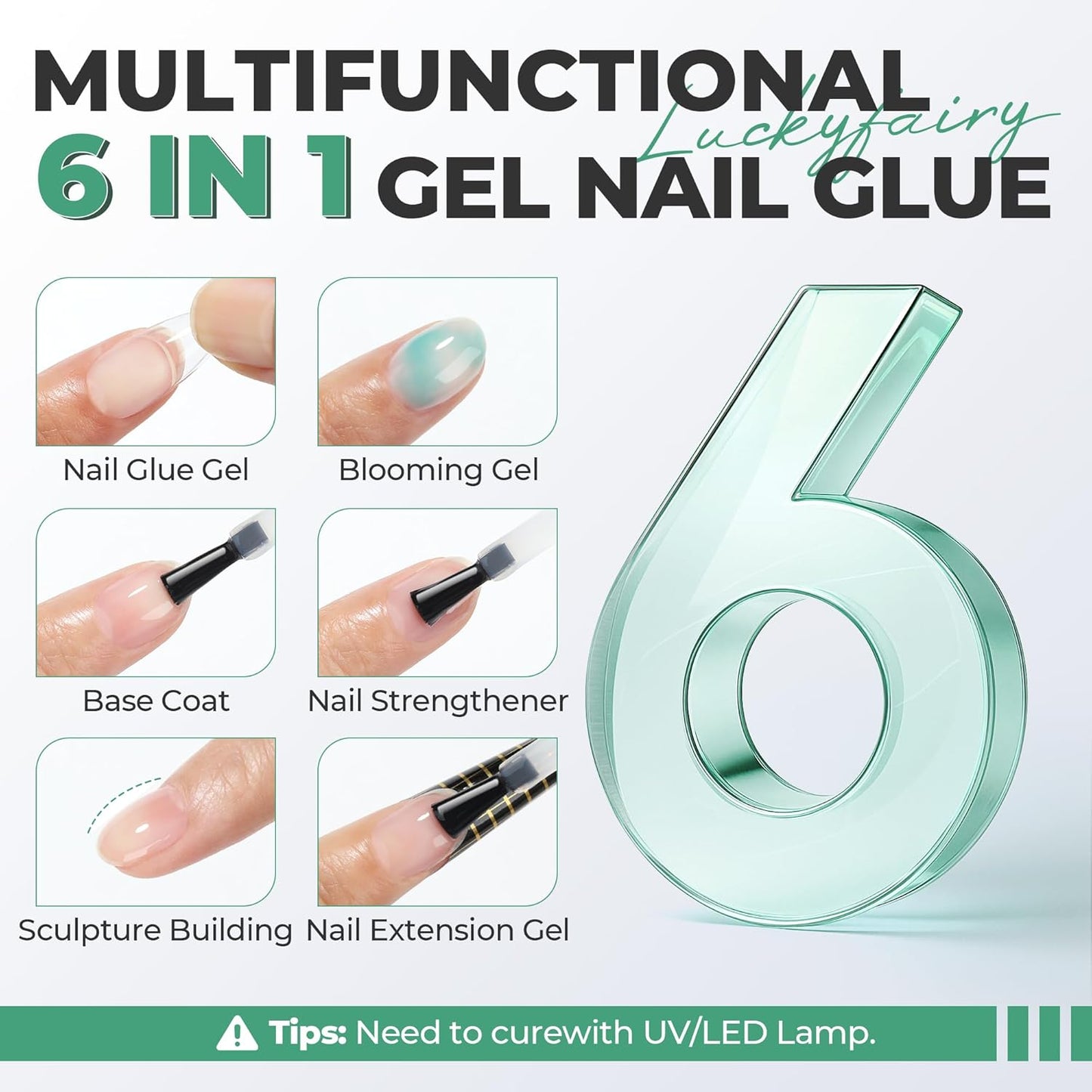 Gel Nail Glue Super Strong: 15ml Nail Glue Gel 6 in 1 for Acrylic Nails Tips and Clear Press on Fake Nails Long Lasting, Salon Art Gift DIY at Home Need U V Light Cured-BrightBean Baby