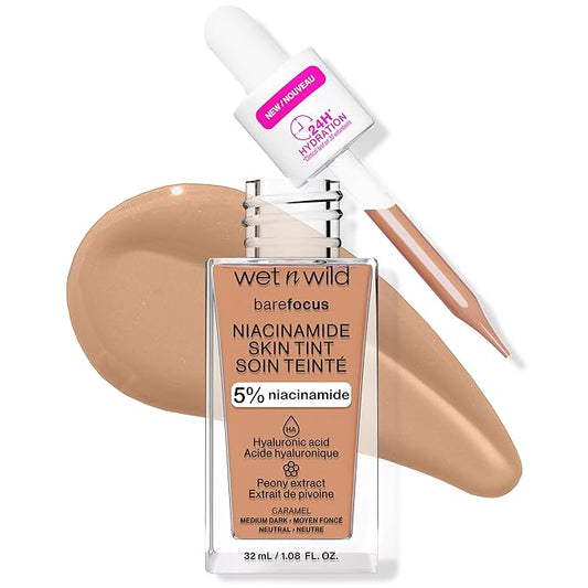 wet n wild Bare Focus Skin Tint, 5% Niacinamide Enriched, Buildable Sheer Lightweight Coverage, Natural Radiant Finish, Hyaluronic & Vitamin Hydration Boost, Cruelty-Free & Vegan - Caramel-BrightBean Baby