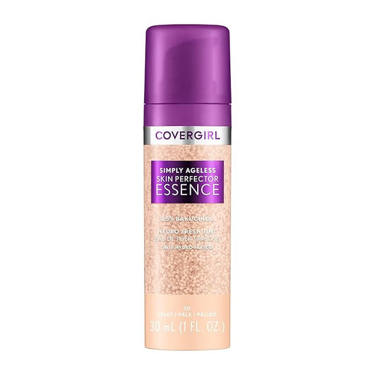 Covergirl Simply Ageless Skin Perfector Essence Foundation, 20 Light, Tinted Skin Perfector, Skincare Makeup Hybrid, Sheer Tint, Radiant Finish, Skin-Like Finish, Vegan Formula, 1.0oz-BrightBean Baby