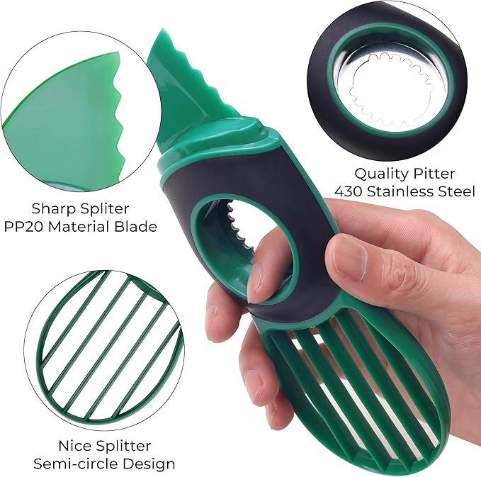 Linoroso Avocado Slicer Tool Kitchen Avocado Knife Set, Good Grips 3-in-1 Avocado Tool with Avocado cutter slicer, Avocado Pit Remover, Avocado Peeler with Cover, Green