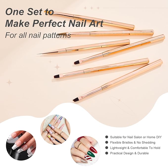 6Pcs Nail Art Brush Set - Nail Design Tool Including Nail Liner Brush, Ombre Brush, Nail Gel Polish Painting Brush Drawing Pen for Home Use and Professional Nail Salon-BrightBean Baby