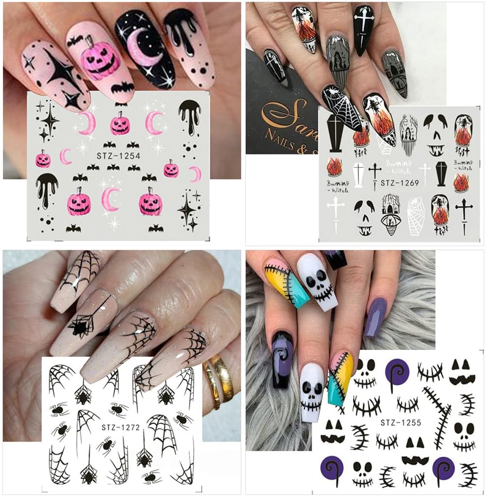 12 Sheets Halloween Nail Art Sticker Decals Horror Water Transfer Nails Foils Pumpkin Ghost Skull Spider Blood Evil Eye Halloween Design Nail Art Decoration Nail Slider Decal for Women DIY Nail Supply-BrightBean Baby