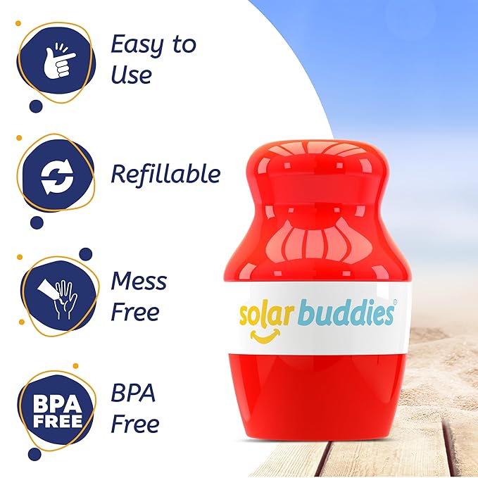 Solar Buddies Sunscreen Applicator - Single Red - Refillable Roll on Sponge Sunscreen, Suncream & Lotion Applicator For Kids, Adults & Families - Holds 3.4fl oz, Perfect Size for Travel-BrightBean Baby