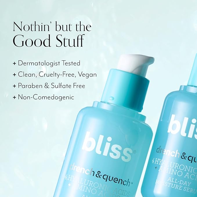 Bliss Hyaluronic Acid Drench & Quench Facial Serum – Hydrating Serum for Dry, Sensitive Skin - Lightweight Gel Formula for Deep Hydration & Plump Skin - Clean, Cruelty-Free - 1 Fl Oz-BrightBean Baby