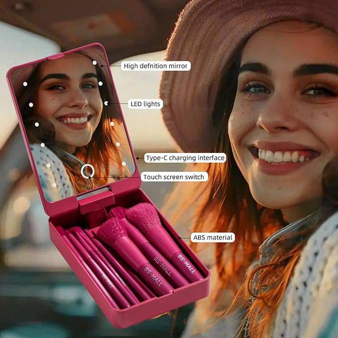 BS-MALL Travel Makeup Brush Set Foundation Powder Concealers Eye Shadows Makeup Set with LED light Mirror 14 Pcs (HotPink)-BrightBean Baby