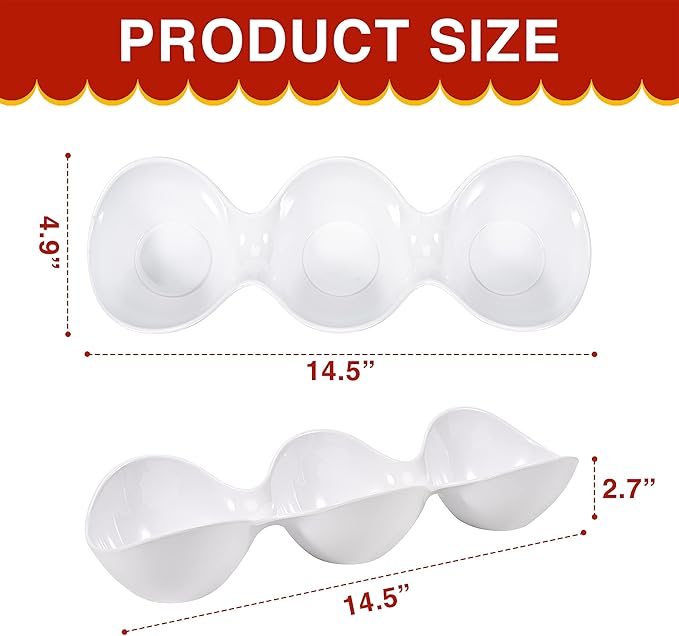 Blue Boat 2PC 14.5" x 5" Melamine 3-Section Divided Dishes, Stackable Serving Tray, 3 Compartment Appetizer Serving Tray, White Divided Serving Dishes, for Snack, Food, Serving Platter Set of 2