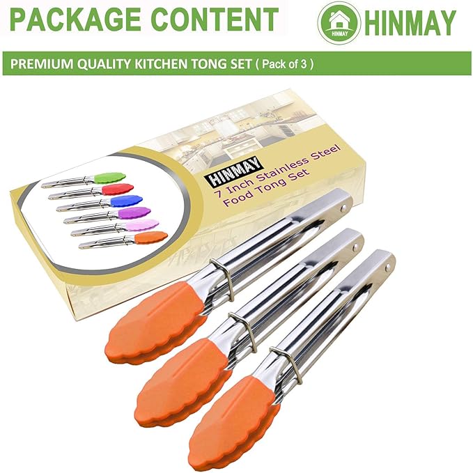 Appetizer Tongs 7-Inch Silicone Tipped Kitchen Tongs, Set of 3 (Orange)