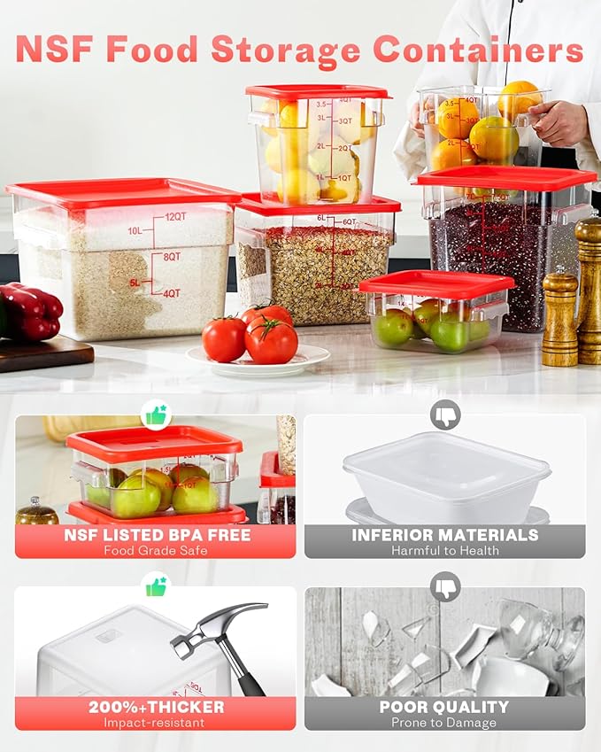 6QT NSF Food Storage Containers: 8 PCS [Food Grade][Hot&Cold Resistant] Commercial Clear Square Food Storage Containers with Scales Handles for Home Restaurant Kitchen Proof Dough (Green)