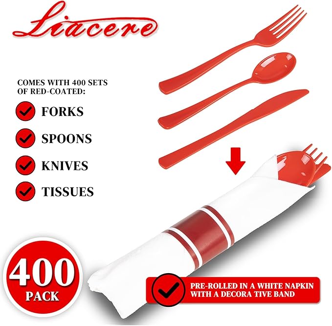 Liacere 400PCS Pre Rolled Red Silverware and Napkin - Disposable Red Plastic Utensils-Wrapped Plastic Cutlery Set with Napkin:100Forks,100Knives,100Spoons,100Napkins for Wedding＆Valentine＆Christmas