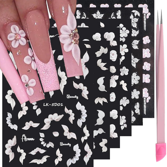 6 Sheets Flower Nail Stickers for Nail Art 5D Embossed Engraved Nails Decals 3D Spring Nails Supplies Accessories Self-Adhesive DIY Design Decoration for Women and Girls-BrightBean Baby