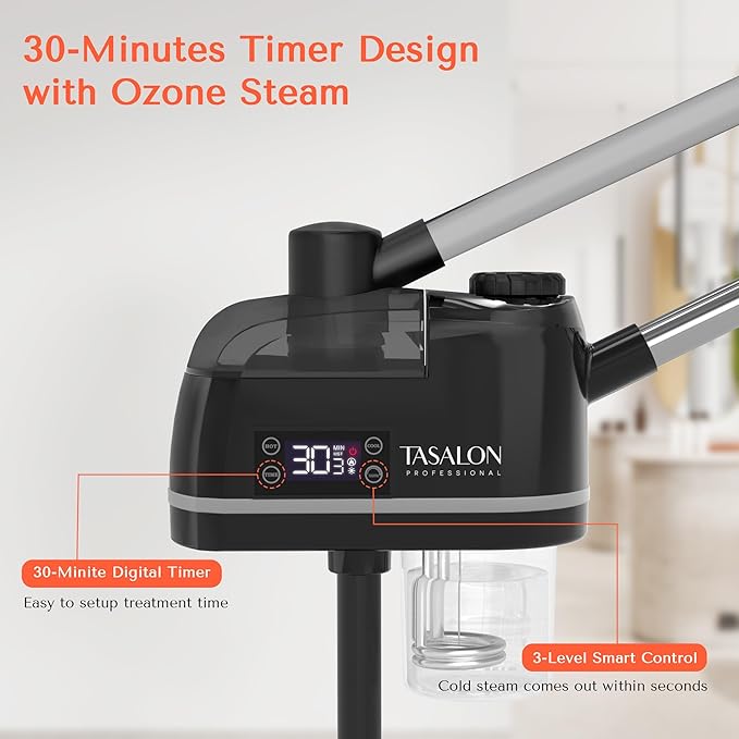 TASALON 2 in 1 Professional Facial Steamer on Wheels -with Ozone and Hot & Cold Mist, Ionic Facial Steamer Kit for Facial Deep Cleaning and Moisturize, SPA & Home, Ozone Face Humidifier - Black-BrightBean Baby