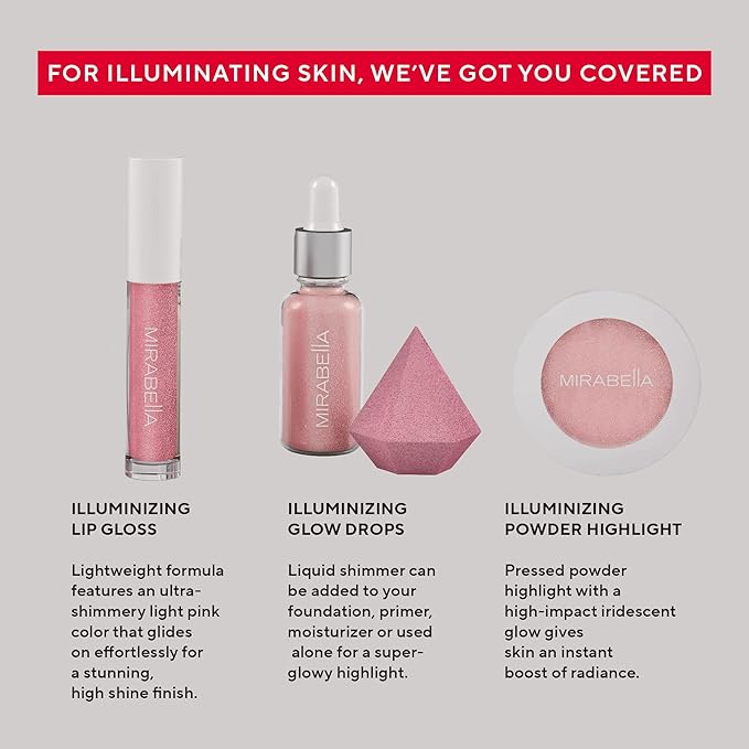 Mirabella 4-Piece Makeup Set for Women & Girls, Illuminizing Holiday Gift Set - Make-Up Set Includes Lip Gloss, Glow Drops, Powder Highlight & Blender Sponge - Talc-Free & Paraben Free Cosmetic Set-BrightBean Baby
