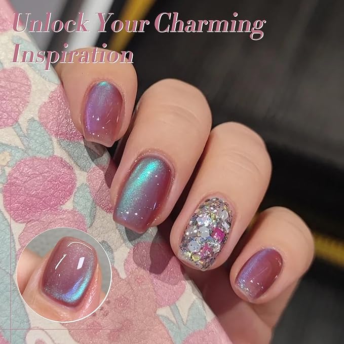 Born Pretty Cat Magnetic Eye Gel Nail Polish Rainbow Aurora Cat Magnetic Gel Polish Pink Green Blue Yellow Glitter Holographic Cat Magnetic Eye Gel Manicure Nail Art DIY, Firefly Aurora Series 6PCS-BrightBean Baby