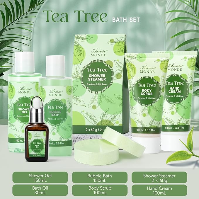 Spa Gift Basket - Tea Tree Bath Set With Shower Gel, Bubble Bath, Hand Cream, Soap, Salt, Essential Oil - Luxury Body Gift Kit for Women-BrightBean Baby