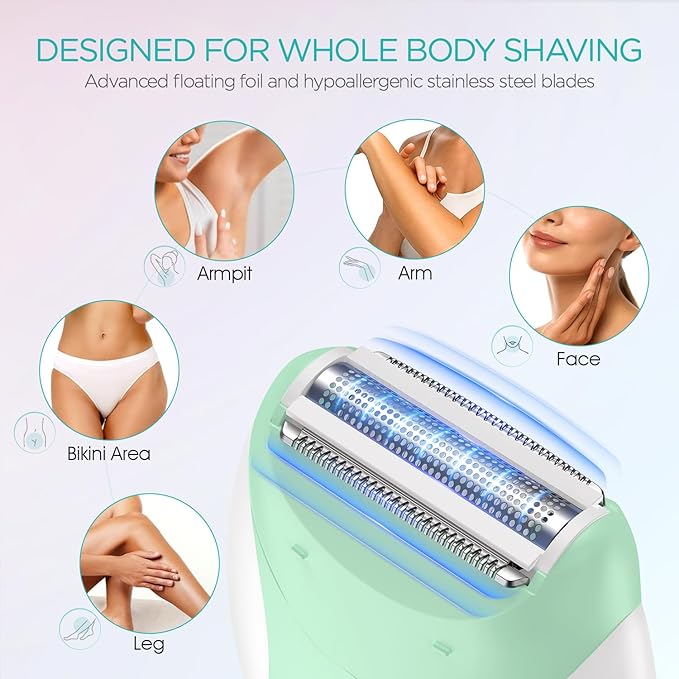 Epilator for Women-Cordless Epilators Hair Removal for Women, 4-in-1 Electric Razor Hair Remover, 2 Speeds & 21 Tweezers for Face Legs Arms Armpit Bikini, Green HR310-BrightBean Baby