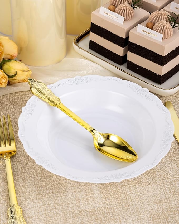 100 Pack White Plastic Bowls with Silver Rim, 12oz Plastic Salad Bowl, Disposable Bowls for Party, Dinners, Weddings, Christmas, Thanksgiving