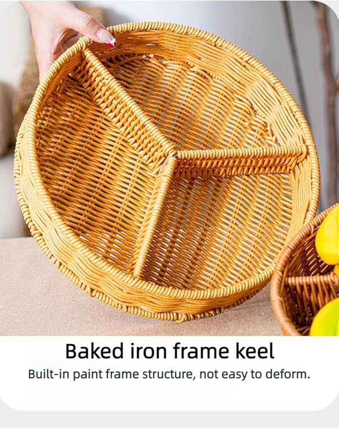 hand-woven round rattan basket storage basket storage box ornaments decorative basket multifunctional picnic food bread basket fruit gift basket key basket. (Circular trident)