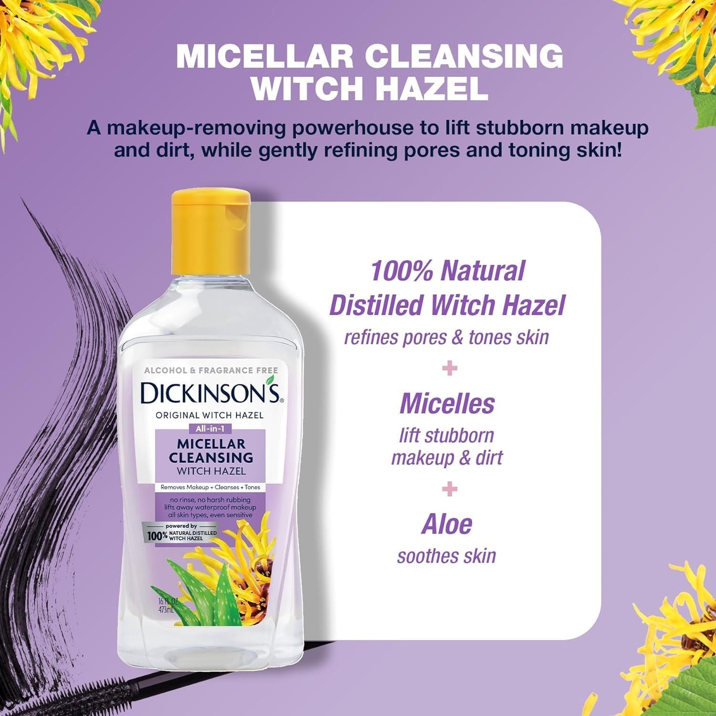 Dickinson's Micellar Cleansing Witch Hazel, An All-in-1 Makeup Remover, Pore Refiner, Skin Cleanser and Toner; Alcohol Free with Aloe, for Sensitive Skin, 16oz-BrightBean Baby