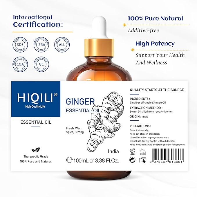 HIQILI Pure Ginger Essential Oil 3.38 Fl Oz, Pure Natural Premium Ginger Oil for Massage, Diffuser, Large Bottle with Dropper & Gift Box -100ml-BrightBean Baby