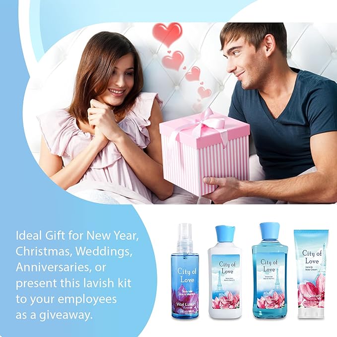 Bath & Body Kit, 3 Fl Oz, Ideal Skincare Gift Home Spa Set, Includes Body Lotion, Shower Gel, Body Cream, and Fragrance Mist, Birthday Mother's Valentine's Day Gifts(City of Love)-BrightBean Baby
