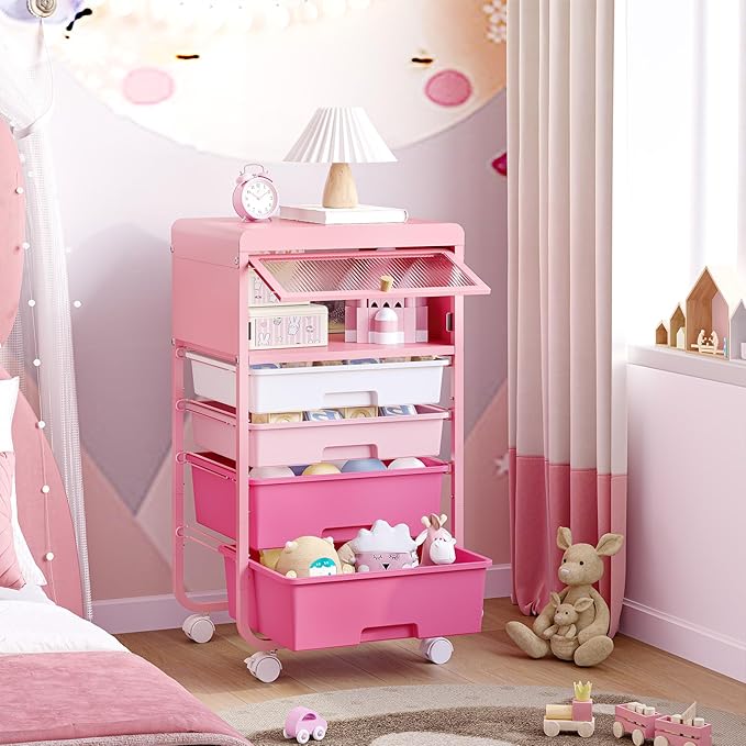 Utility-Rolling-Storage-Drawer-Craft-Cart-Organizers with 4 Drawers & Dust-Proof Door for Kid Craft Art Room,Bedroom,Home Office, Classroom, Rose Pink-BrightBean Baby