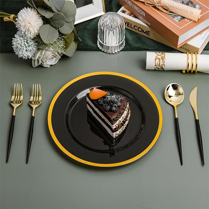 N9R 150Pcs Gold Plastic Silverware - Gold Disposable Cutlery Set with Black Handles with 50 Forks, 50 Spoons and 50 Knives - Perfect for Parties,Halloween, Birthdays, Wedding and Everyday Use