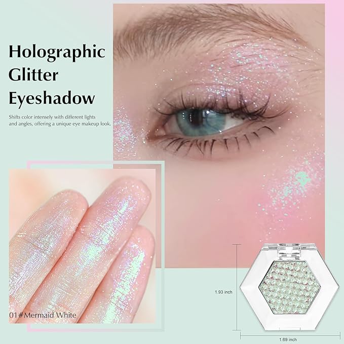 Mermaid Glitter Eyeshadow Palette, Multichrome Chameleon Cream Eye Shadow, Color Shifting White Eyeshadow Sparkling Holographic Shimmer Inner Corner Eye Brightener Highlighter Makeup-BrightBean Baby