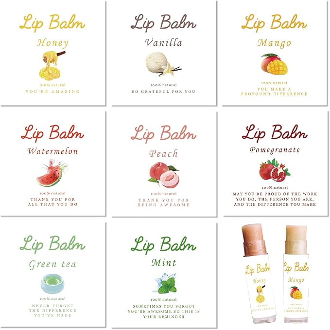 CRASPIRE 80Pcs 8 Styles Labels for Lip Balm Coated Paper Paster Honey Fruit Square Tubes Lip Balm Labels Stickers Natural Homemade Self-adhesive Stickers Logo for Containers Cosmetics Lipsticks-BrightBean Baby