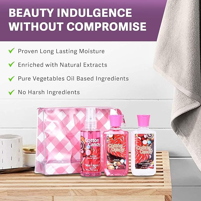 Bath & Body Care Travel Set - Home Spa Set with Body Lotion, Shower Gel and Fragrance Mist, Valentines Day Gifts for Her and Him(Cotton Candy)-BrightBean Baby