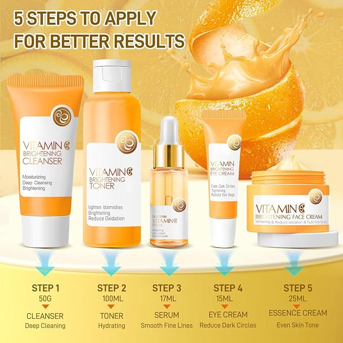 Skin Care Set, Vitamin C Skin Care Sets & Kits, Skin Care for Teenage Girls Gift Set with Cleanser, Toner, Serum, Eye Cream, Facial Cream, Facial Skin Care Sets & Kits for Teenage Girls Women-BrightBean Baby