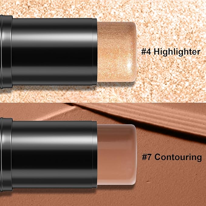 2Pcs Cream Contour Stick Makeup Kit, Cream Highlighter Stick and Bronzer Contour Stick with Longwear Waterproof Formula for Brightening and Trimming the Cheeks, Makeup Brush Include (#04, 07)-BrightBean Baby