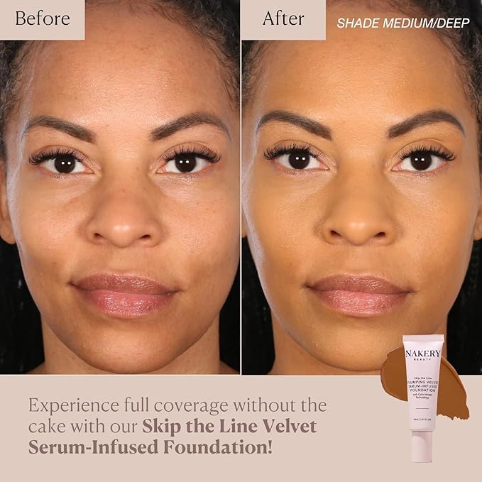 Nakery Full Coverage Plumping Liquid Foundation - Serum Infused Makeup with Niacinamide & Hyaluronic Acid for All Skin Types - Medium-BrightBean Baby