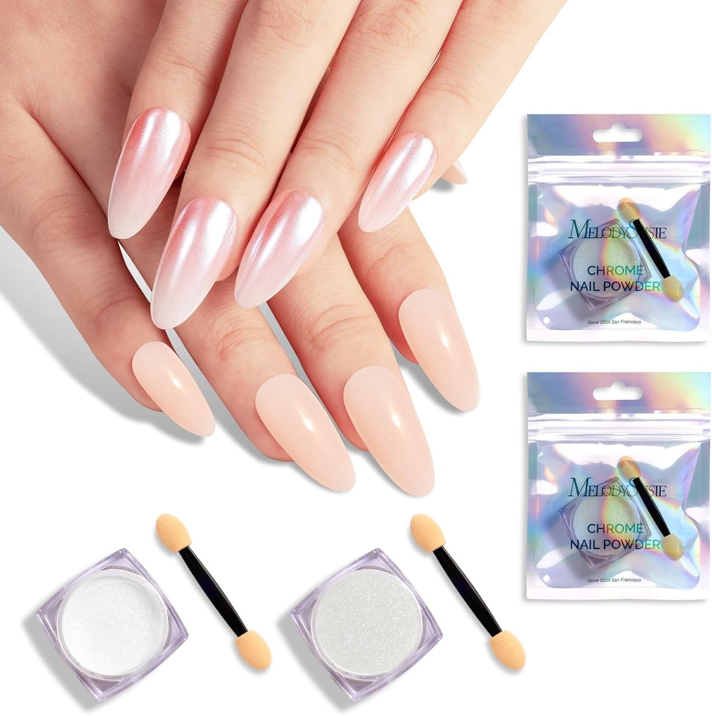 MelodySusie 2Pcs Chrome Nail Powder for Gel Nails, Pearl Powder Mirror Effect Pigment Pearlescent Mermaid Pigment Pearl Glitter for Home DIY Salon Use-BrightBean Baby