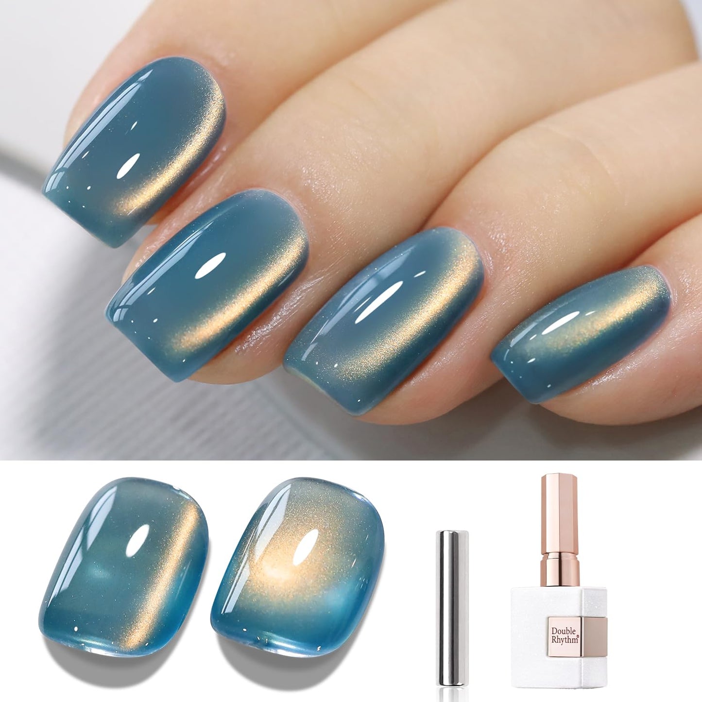 Double Rhythm 15ML Ice Glass Cat Eye Gel Polish with Magnet Holographic Glitter Shimmer Translucent Sheer Color Salon Soak Off Magnetic Nail at Home (SKy Teal-MC1132)-BrightBean Baby
