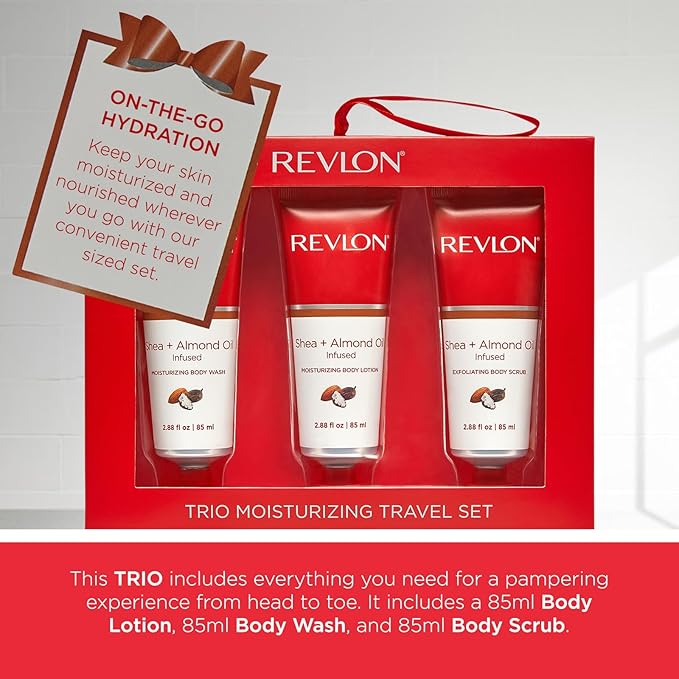 REVLON Get Carried Away Trio Moisturizing Travel Set, Shea Butter and Almond Oil Infused, Moisturizing Body Wash, Body Lotion, Exfoliating Body Scrub, 3 Count (2.88 fl oz)-BrightBean Baby