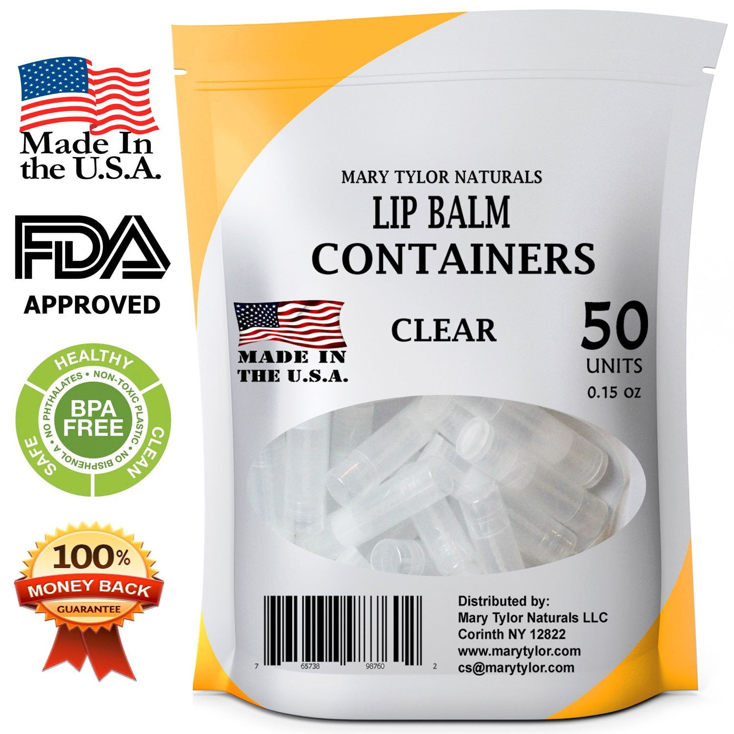 50 Clear Lip Balm Containers Round Tubes, BPA Free, Made in USA, 100% BPA Free, with Clear Caps For DIY Lipstick, homemade Lip Balms by Mary Tylor Naturals-BrightBean Baby