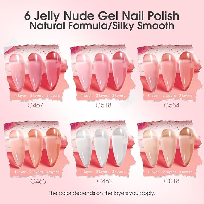 ROSALIND Jelly Gel Polish Set with Matte and Glitter Gel Top Coat, 6 Translucent Colors Neutral Sheer Milky White Nude Pink base Gel Nail Polish set Nail Art DIY at Home-BrightBean Baby