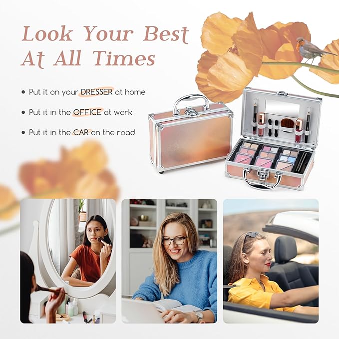 Color Nymph Beginner Makeup Kits For Teens With Train Case Included Full Makeup Kit Eyeshadow Palette Blushes Bronzer Highlighter Lipstick Brushes Mirror（Gold）-BrightBean Baby