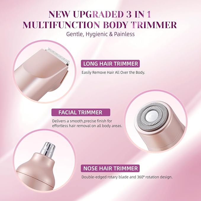 Bikini Trimmer for Women，3 in 1 Electric Razor with Ceramic Blades, IPX7 Waterproof, USB Rechargeable, Painless Hair Removal for Face，Body，Bikini Area, Travel Grooming Kit (Rose Gold)-BrightBean Baby