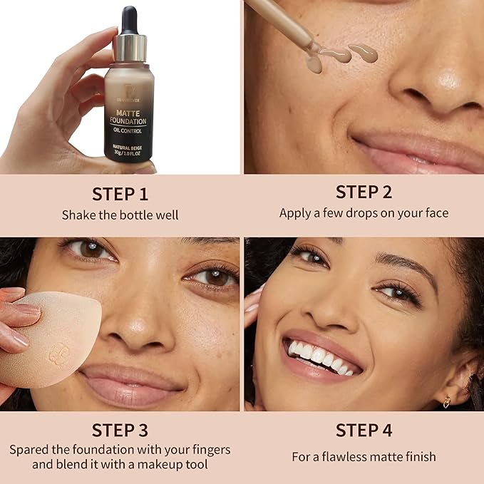 FV Full Coverage Liquid Foundation Makeup, Long Lasting Matte Foundation with Flawless Finish, Concealing & Minimizing Pores, Oil Control Waterproof for Oily Combination Skin, 1 Fl. Oz (Natural Beige)-BrightBean Baby