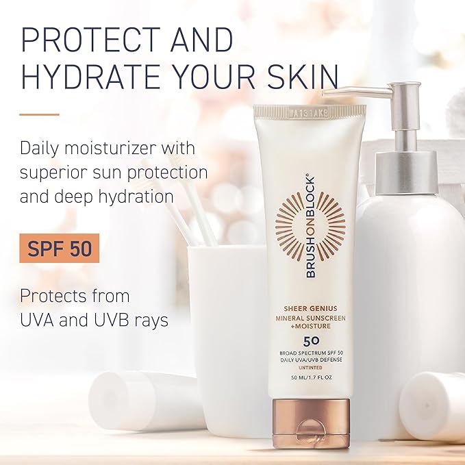 Brush On Block Untinted Mineral Sunscreen SPF 50 for Face | Broad Spectrum, Hyaluronic Acid, Sheer & Non-Greasy Moisturizer for Sensitive Skin, Zinc Oxide Sunscreen, P++++, Made in USA-BrightBean Baby