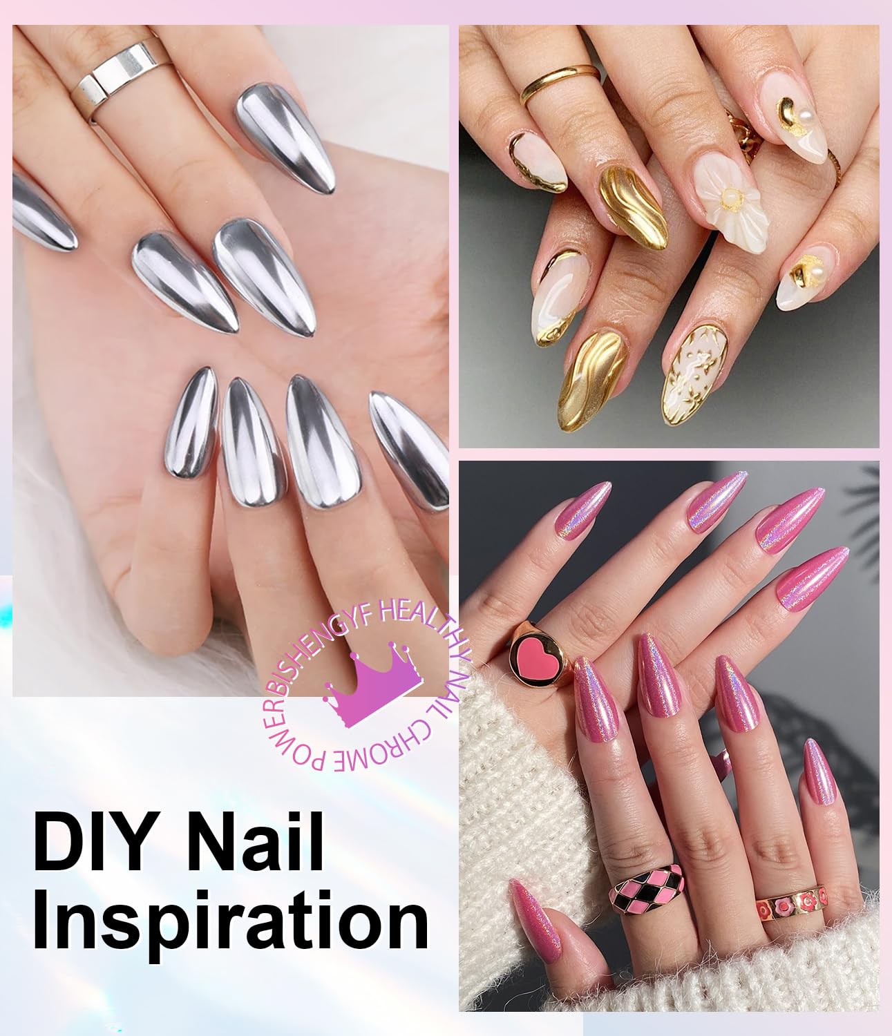 Mermaid Gold Chrome Nail Powder: 6 Colors Mirror Effec Green/Pearl Chrome Nail powder,Magic Mermaid Pink Chrome Nail Powder Pigment for Nail Art Design Home DIY（Laser/Silver）-BrightBean Baby