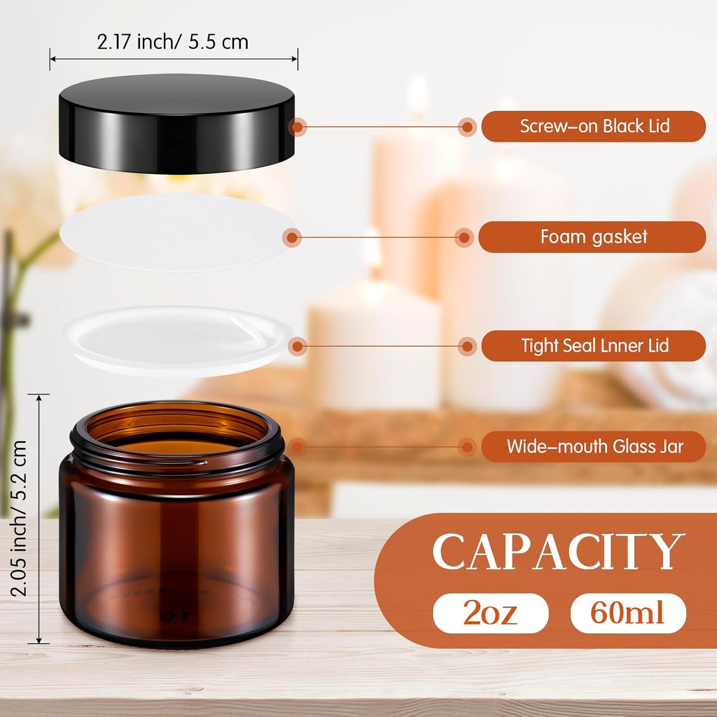 Domensi 32 Pcs 2 oz Glass Jars with Lids Travel Size Round Leakproof Empty Cosmetic Jars with Inner Liners Lid for Storing Makeup Lotions Face Cream Ointments Candle DIY Making (Amber)-BrightBean Baby
