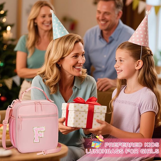 Initial Insulated Lunch Bag for Girls Kids, Back to School Gift, Reusable Leak-proof Lunch Box with Adjustable Strap for School Daycare Travel Picnic (Pink,F)