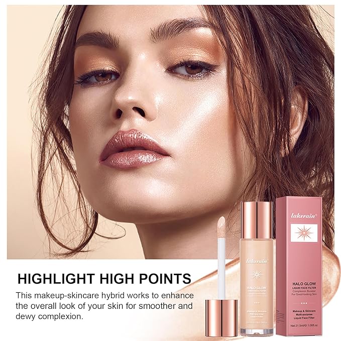 Natural Glow Liquid Filter Makeup, Longwear Face Luminizer, Complexion Booster For Any Part of the Body, Liquid Highlighter with Brush Kit, Infused Hyaluronic Acid, 1.06 fl oz (#04 MEDIUM)-BrightBean Baby