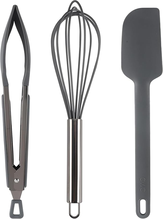 COOK WITH COLOR Stainless Steel Silicone Tipped Kitchen & BBQ Tongs Set, 3 Pc Utensils, Grey
