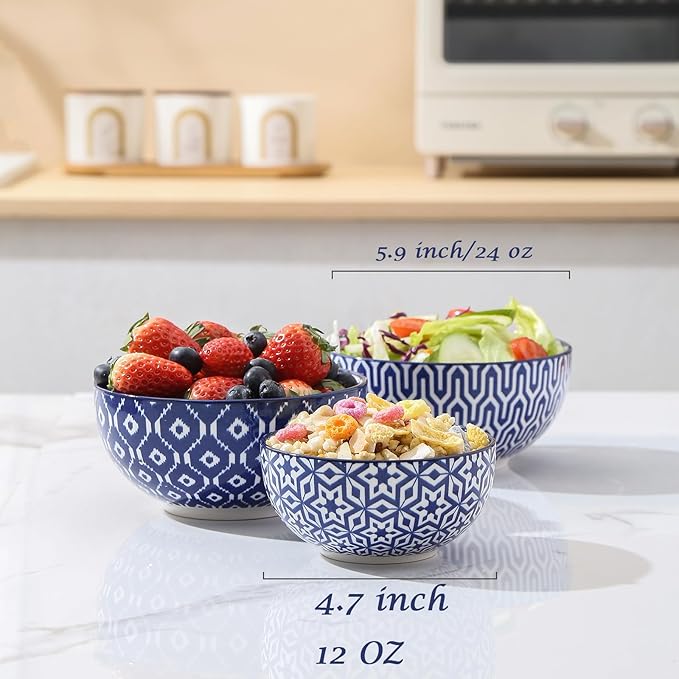 Selamica Ceramic 12 OZ Dessert Bowls Set, Ice Cream Bowls, 4.7 Inch Small Bowls for Snack, Side Dishes, Rice, Microwave Dishwasher Safe, Set of 6, Vintage Blue